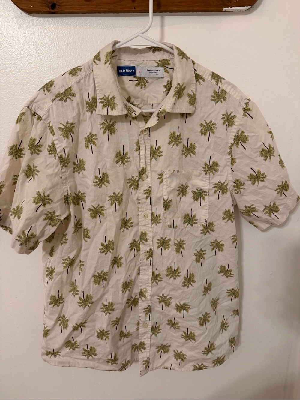 Old Navy Cream Short-Sleeve Button-Down with Green Palm Print